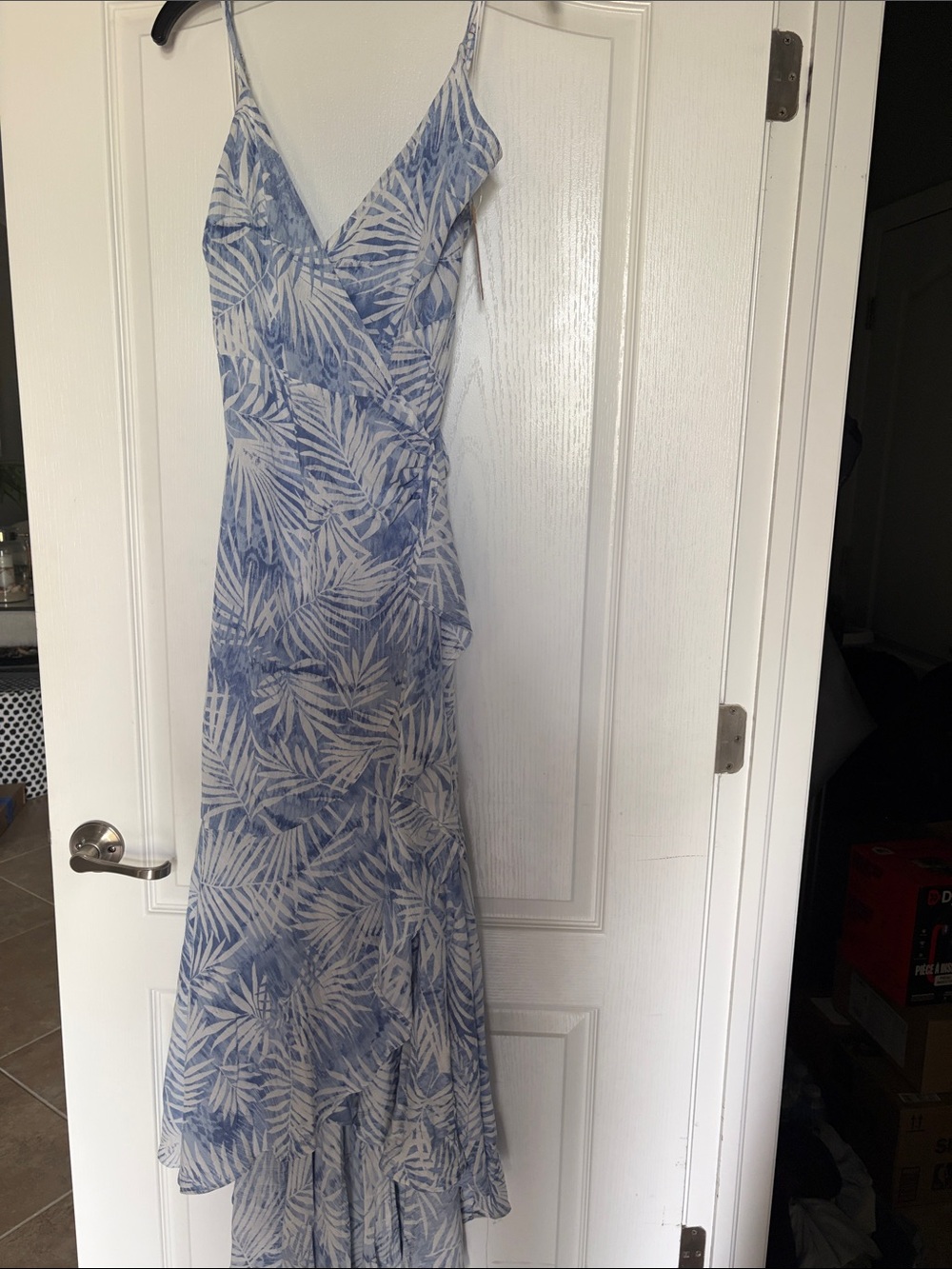 Skylar + Madison Blue and White Leaf-Print High-Low Slip Dress